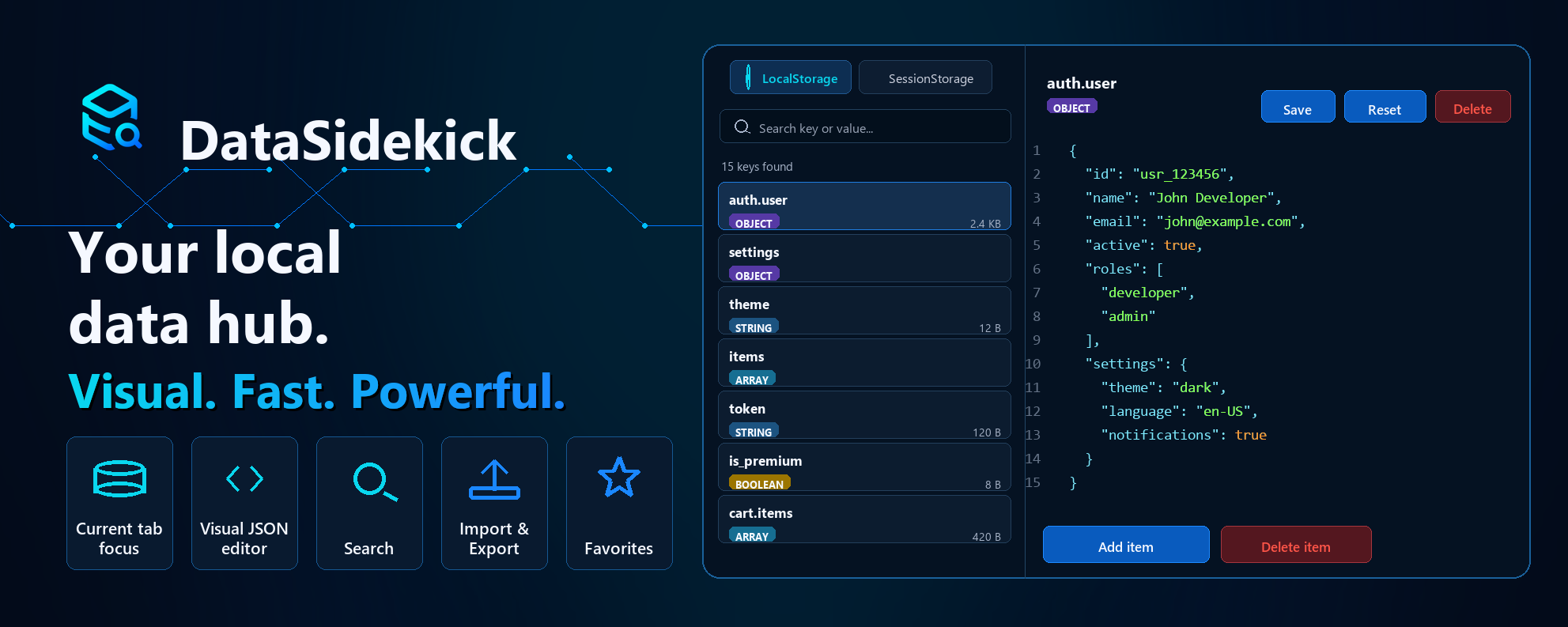 DataSidekick interface showing visual JSON editor and key list.