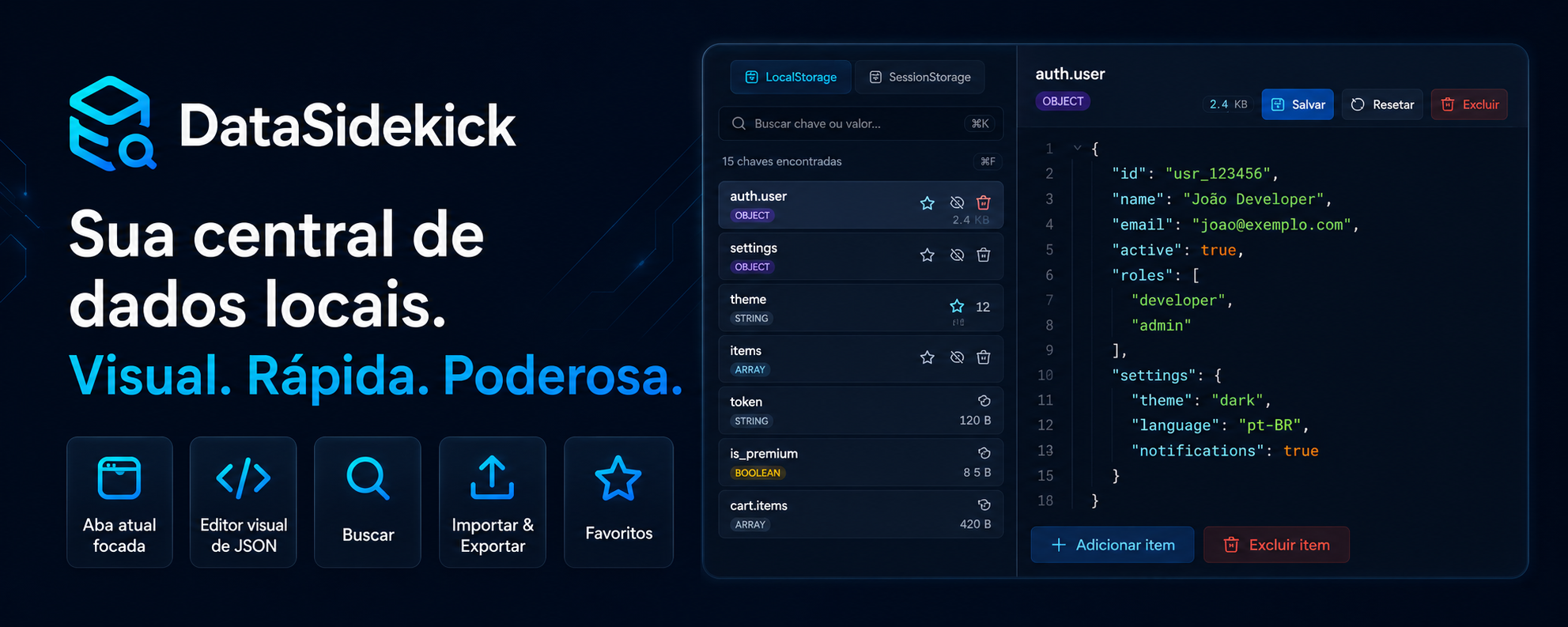 Interface do DataSidekick mostrando editor visual de JSON e lista de chaves.
