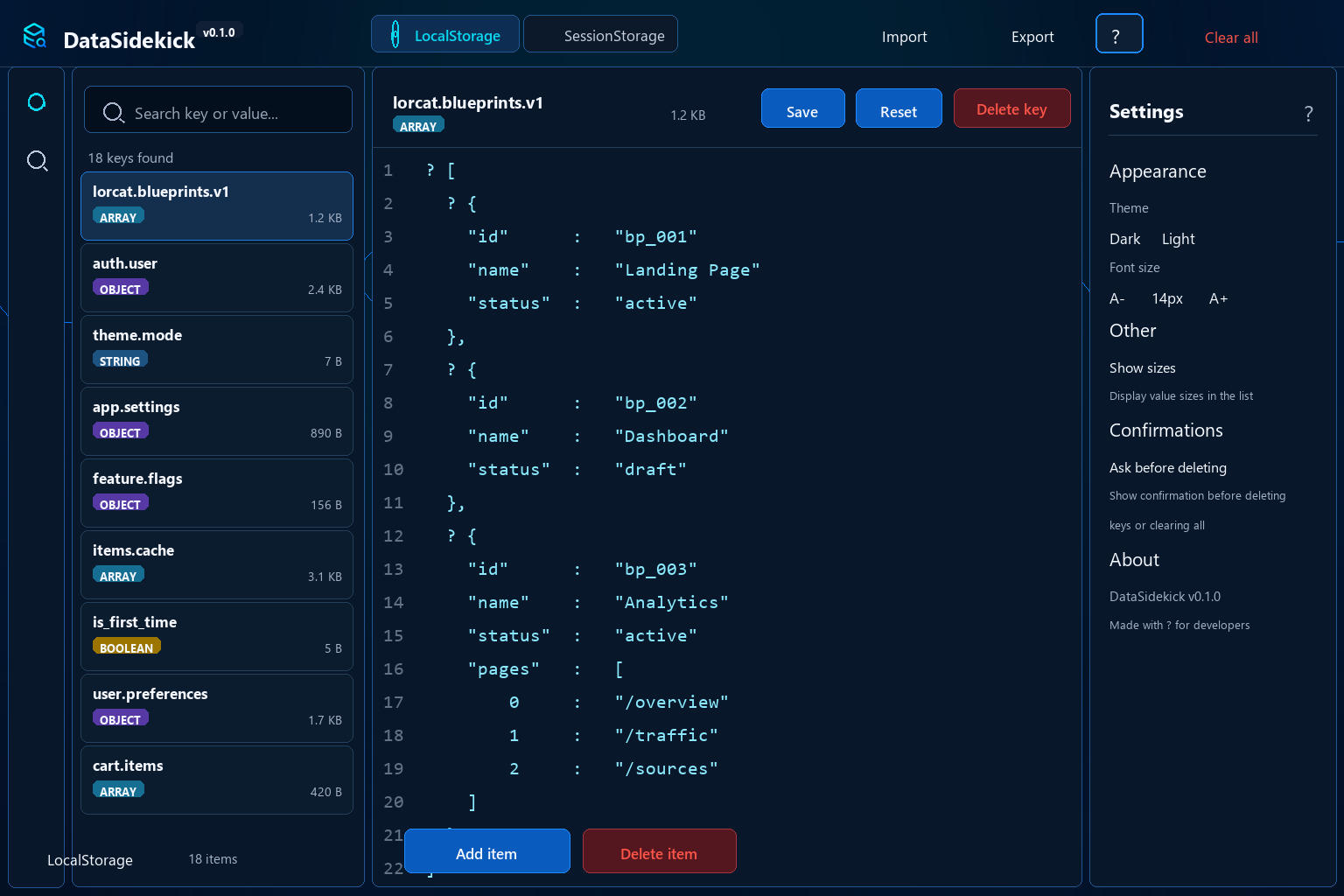 DataSidekick screenshot in dark theme.